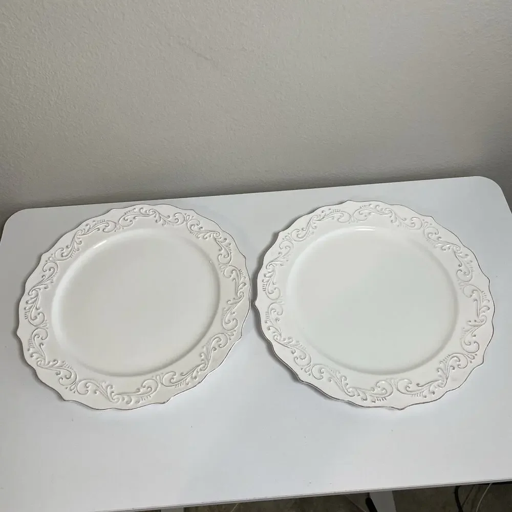 Pier 1 Imports Antique Scroll Stoneware Dinner Plates 11in Discontinued Set of 2